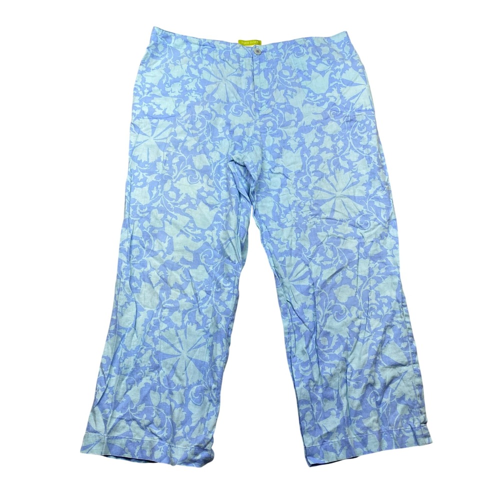 Sigrid Olsen Women Blue Floral Linen Cropped Pants Sz 14 Fits 35" Straight Leg